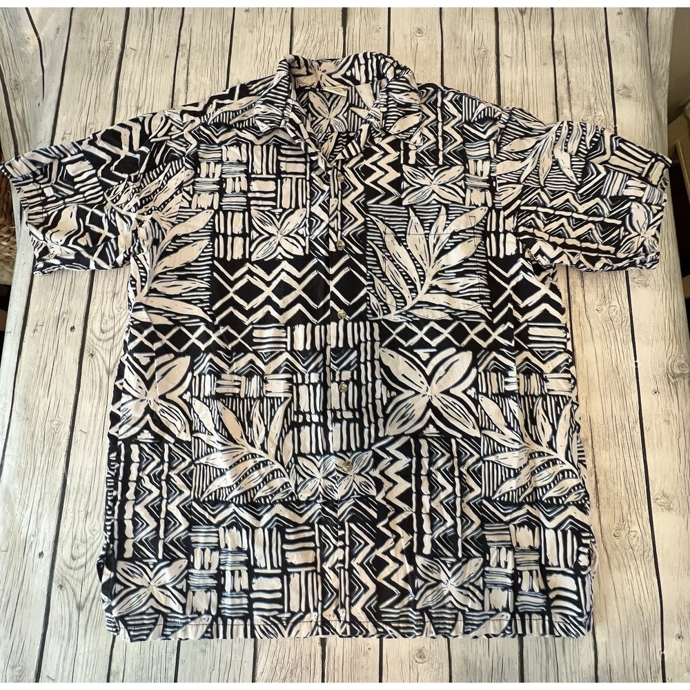 Go Barefoot Hawaiian Tradition Full Button Up Shirt XL Tall Black & White Beachy